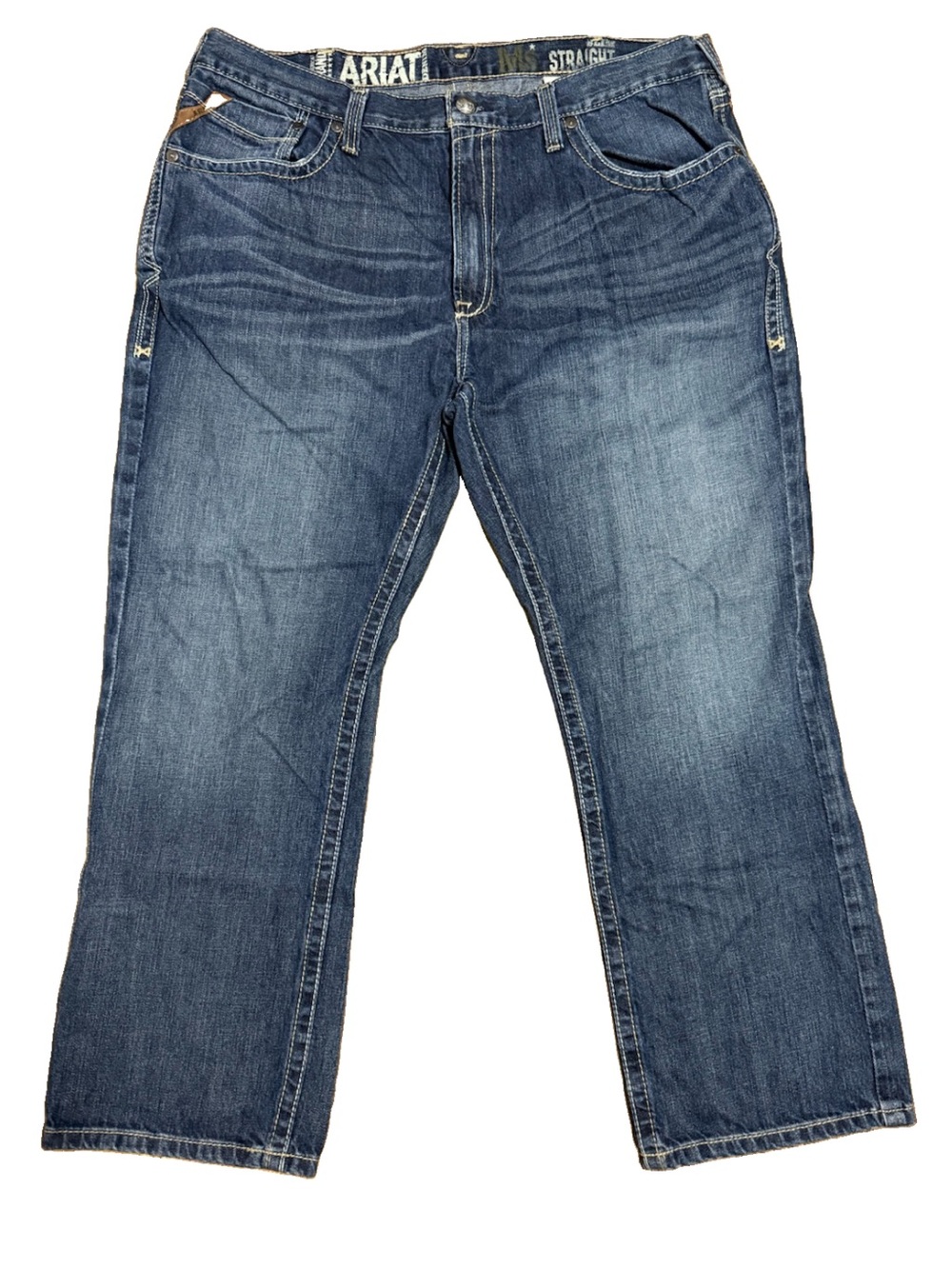 Ariat M5 Slim Straight Jeans Mens 40 x 30 Blue Whiskered Casual Denim Faded